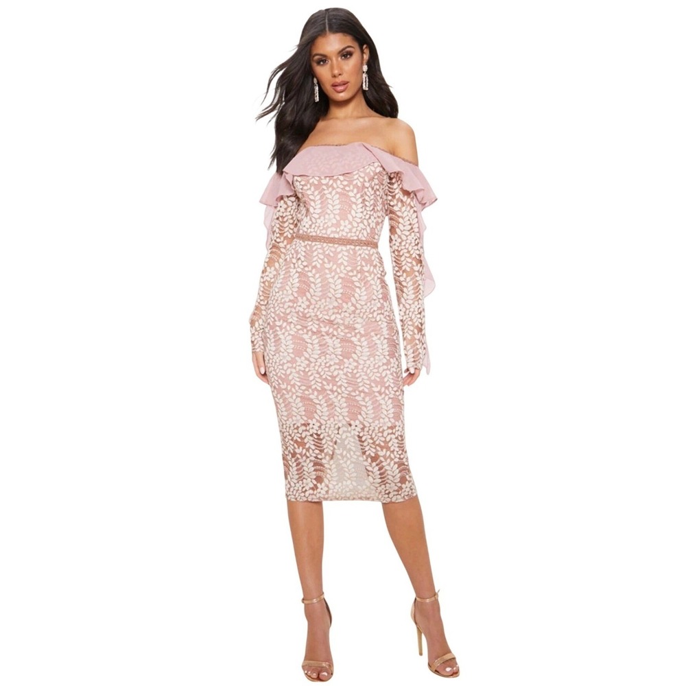 PrettyLittleThing NWT Dusty Pink Bardot Lace Frill Sleeve Midi Dress US 8